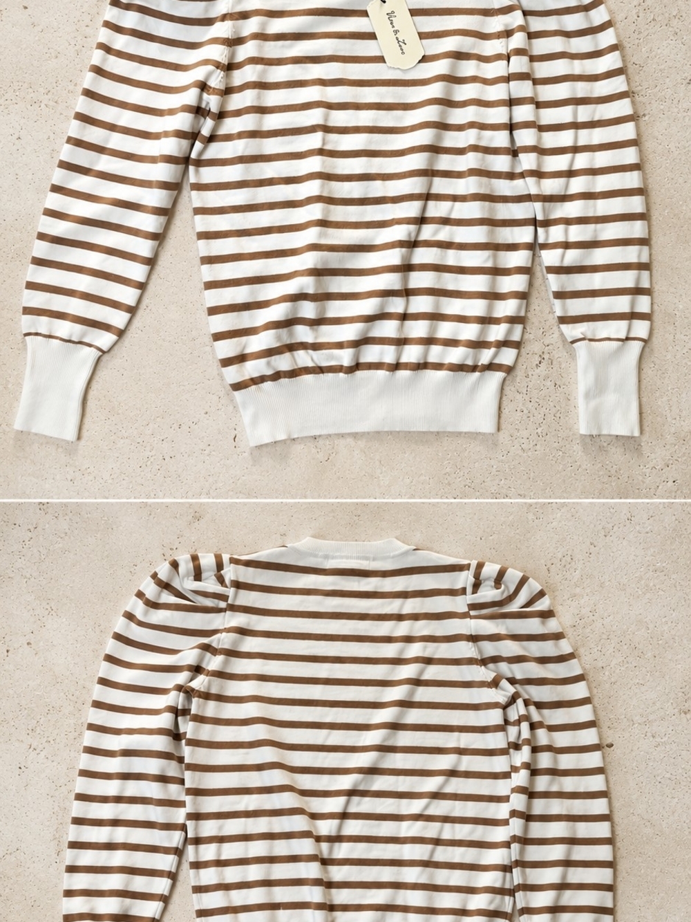 Vine & Love Cream Camel Striped Puff Sleeve Sweater L NWT